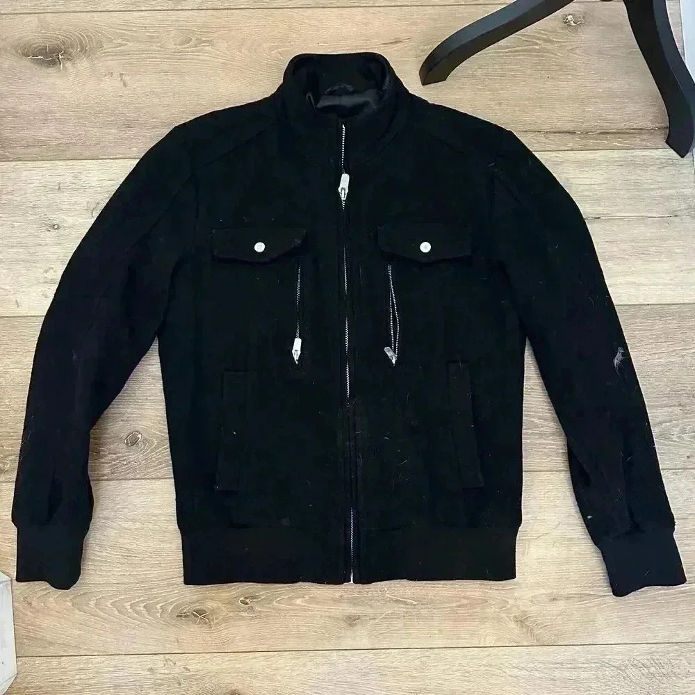 Men's Black Zip-Up Jacket with High Collar and Multiple Pockets